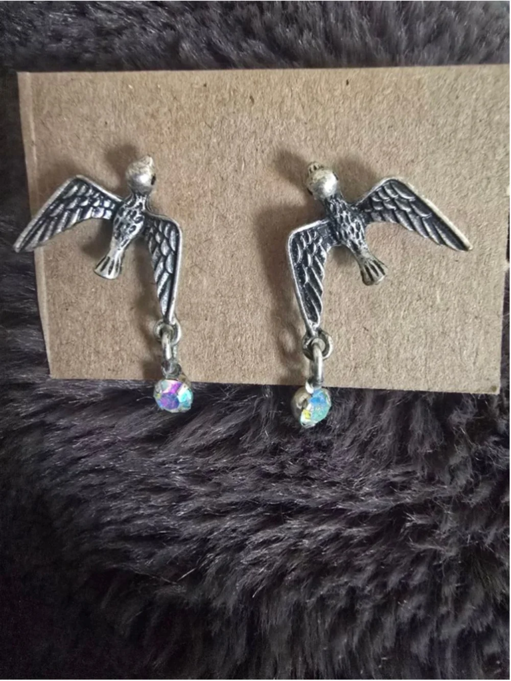 Vintage Betsey Johnson Silver Bird Earrings Iridescent Stone Accent FairyCore